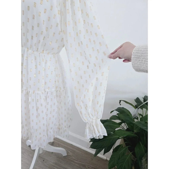 OPT O.P.T Lluvia White Gold Polka Dot Tiered Flowy Smock Neck Mini Short Dress S - Picture 6 of 12